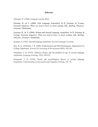 Reference


Chomsky, N. (1968). Language and the Mind.

Freeman, D., & Y. (2004). First Language Acquisition. In D. Freeman, & Yvonne,
Essential linguistics, What you need to know to teach reading, ESL, Spelling, Phonetics,
Grammar. Heinemann.

Freeman, D., & Y. (2004). Written and Second Language Acquisition. In D. Freeman, &
Yvonne, Essential linguistics, What you need to know to teach reading, ESL, Spelling,
Phonetics, Grammar. Heinemann.

Krashen, S. (1981). Second language acquisition. Second Language Learning.

Rice, K. G., & Dellwo, J. P. (2002). Perfectionism and Self‐Development: Implications for
College Adjustment. Journal of Counseling & Development,80(2), 188-196.

Schumann, J. H. (1975). Affective factors and the problem of age in second language
acquisition. Language learning, 25(2), 209-235.

Schumann, J. H. (1978). Social and psychological factors in second language
acquisition. Understanding second and foreign language learning, 163, 78.
 
