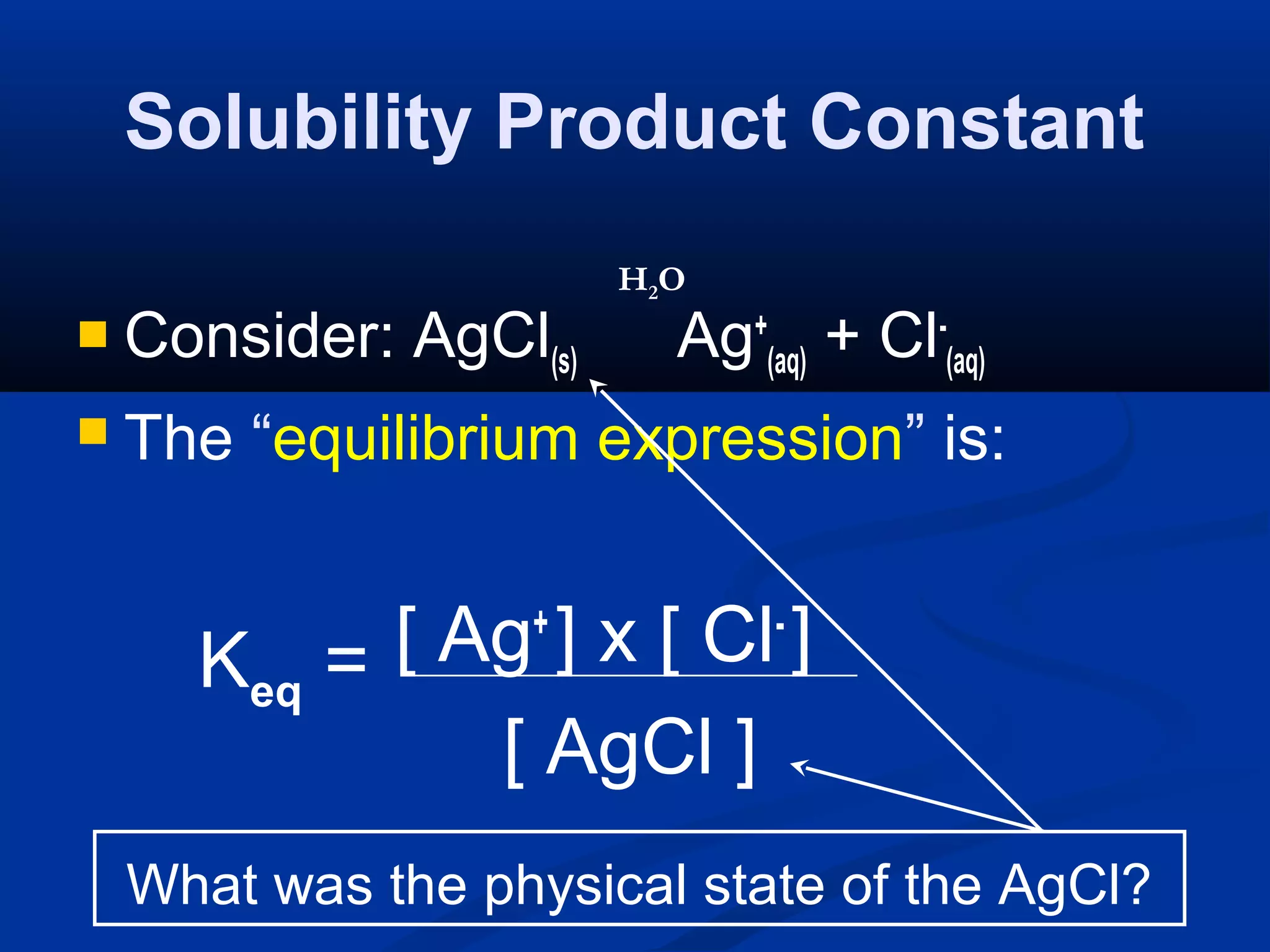 Solubility Product Constant
 Consider: AgCl(s) Ag+
(aq) + Cl-
(aq)
 The “equilibrium expression” is:
[ Ag+
] x [ Cl-
]
[ AgCl ]
Keq =
What was the physical state of the AgCl?
H2O
 