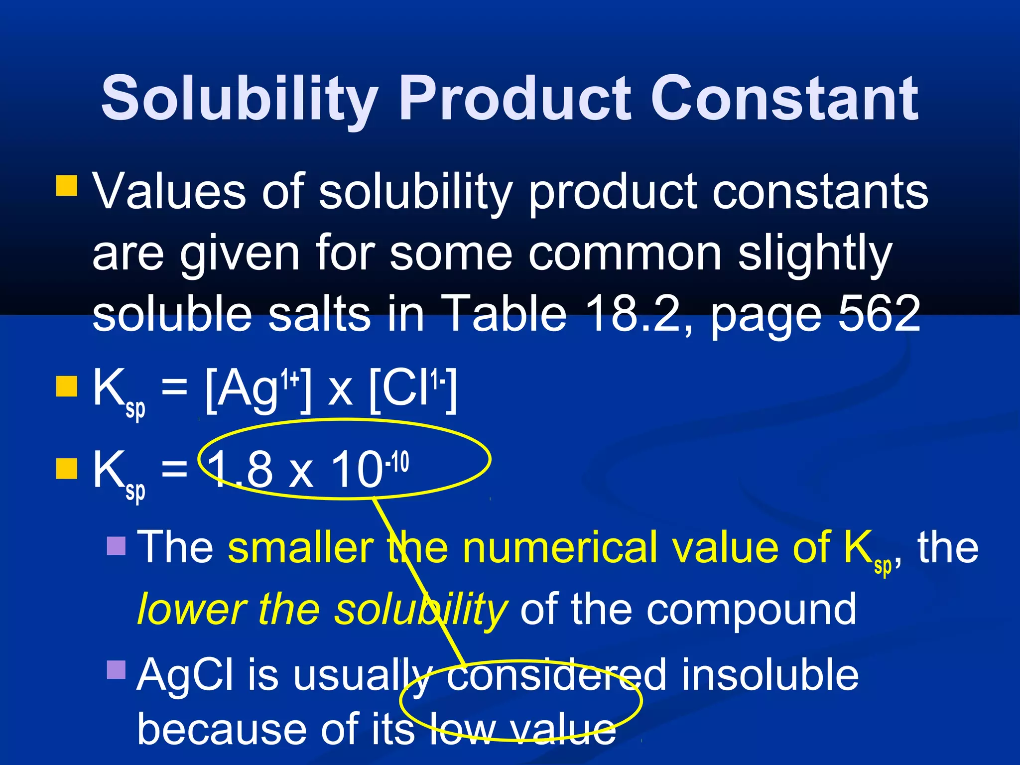 Solubility Product Constant
 Values of solubility product constants
are given for some common slightly
soluble salts in Table 18.2, page 562
 Ksp = [Ag1+
] x [Cl1-
]
 Ksp = 1.8 x 10-10
 The smaller the numerical value of Ksp, the
lower the solubility of the compound
 AgCl is usually considered insoluble
because of its low value
 