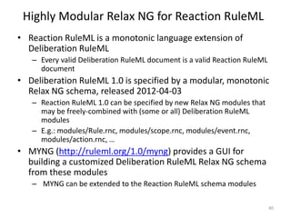 Highly Modular Relax NG for Reaction RuleML
• Reaction RuleML is a monotonic language extension of
  Deliberation RuleML
 ...