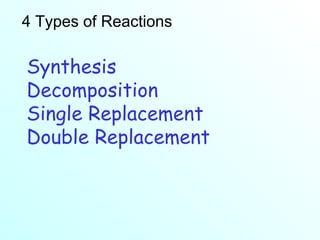 4 Types of Reactions Synthesis Decomposition Single Replacement Double Replacement 