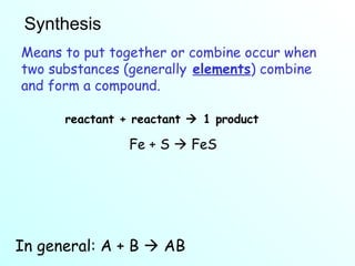 Synthesis Means to put together or combine  occur when two substances (generally   elements ) combine and form a compound.  In general: A + B    AB Fe + S    FeS reactant + reactant    1 product 