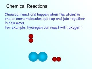 Chemical Reactions Chemical reactions happen when the atoms in one or more molecules split up and join together in new ways. For example, hydrogen can react with oxygen : 