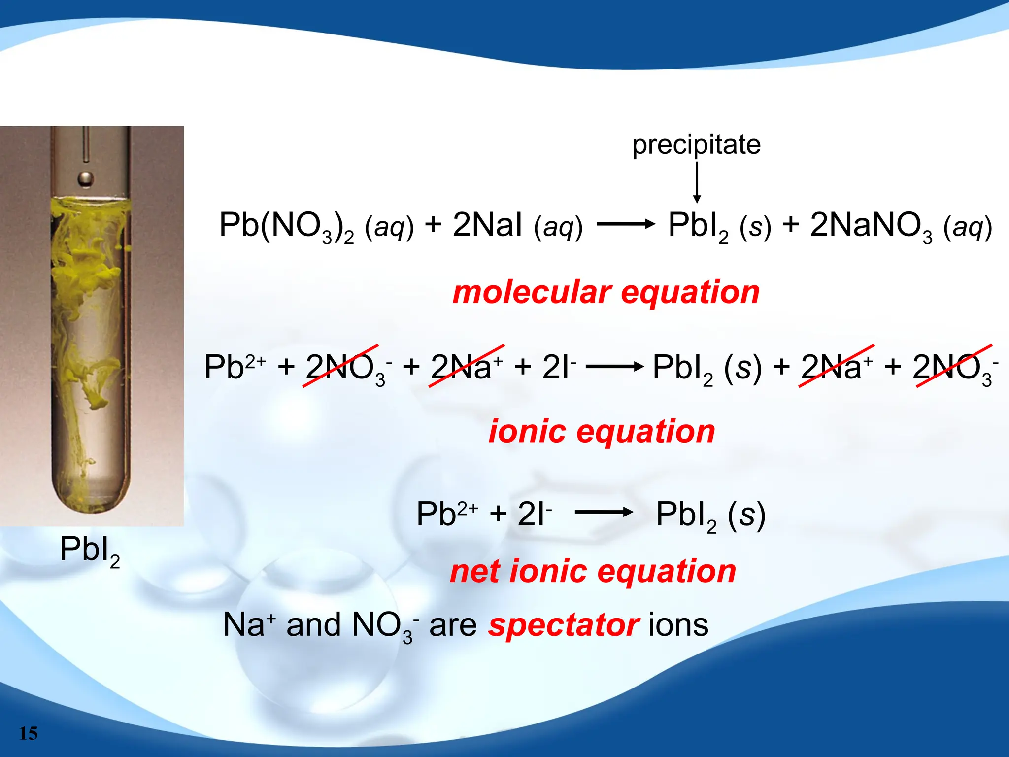 15
molecular equation
ionic equation
net ionic equation
Pb2+
+ 2NO3
-
+ 2Na+
+ 2I-
PbI2 (s) + 2Na+
+ 2NO3
-
Na+
and NO3
-
are spectator ions
PbI2
Pb(NO3)2 (aq) + 2NaI (aq) PbI2 (s) + 2NaNO3 (aq)
precipitate
Pb2+
+ 2I-
PbI2 (s)
 
