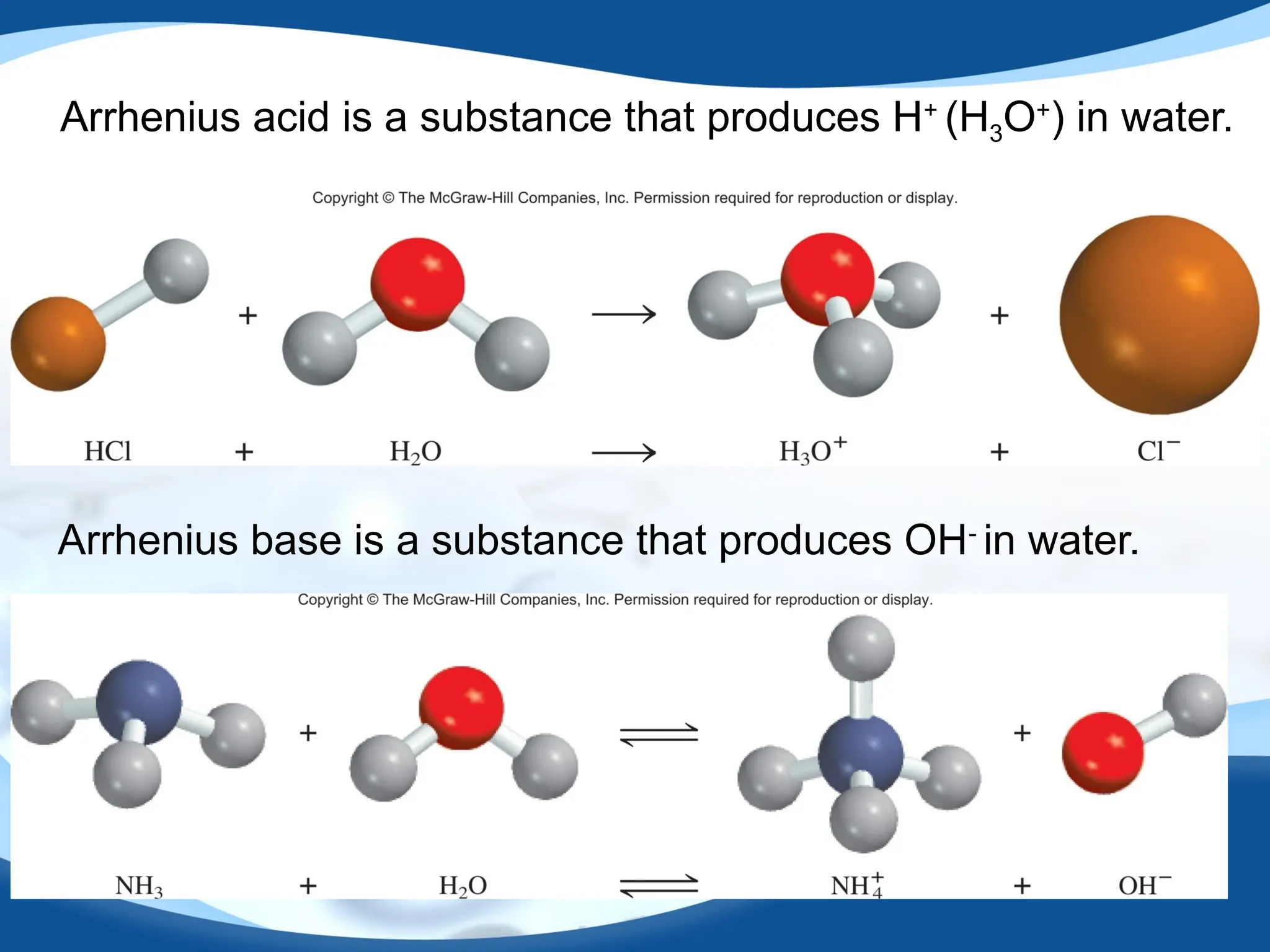 21
Arrhenius acid is a substance that produces H+
(H3O+
) in water.
Arrhenius base is a substance that produces OH-
in water.
 