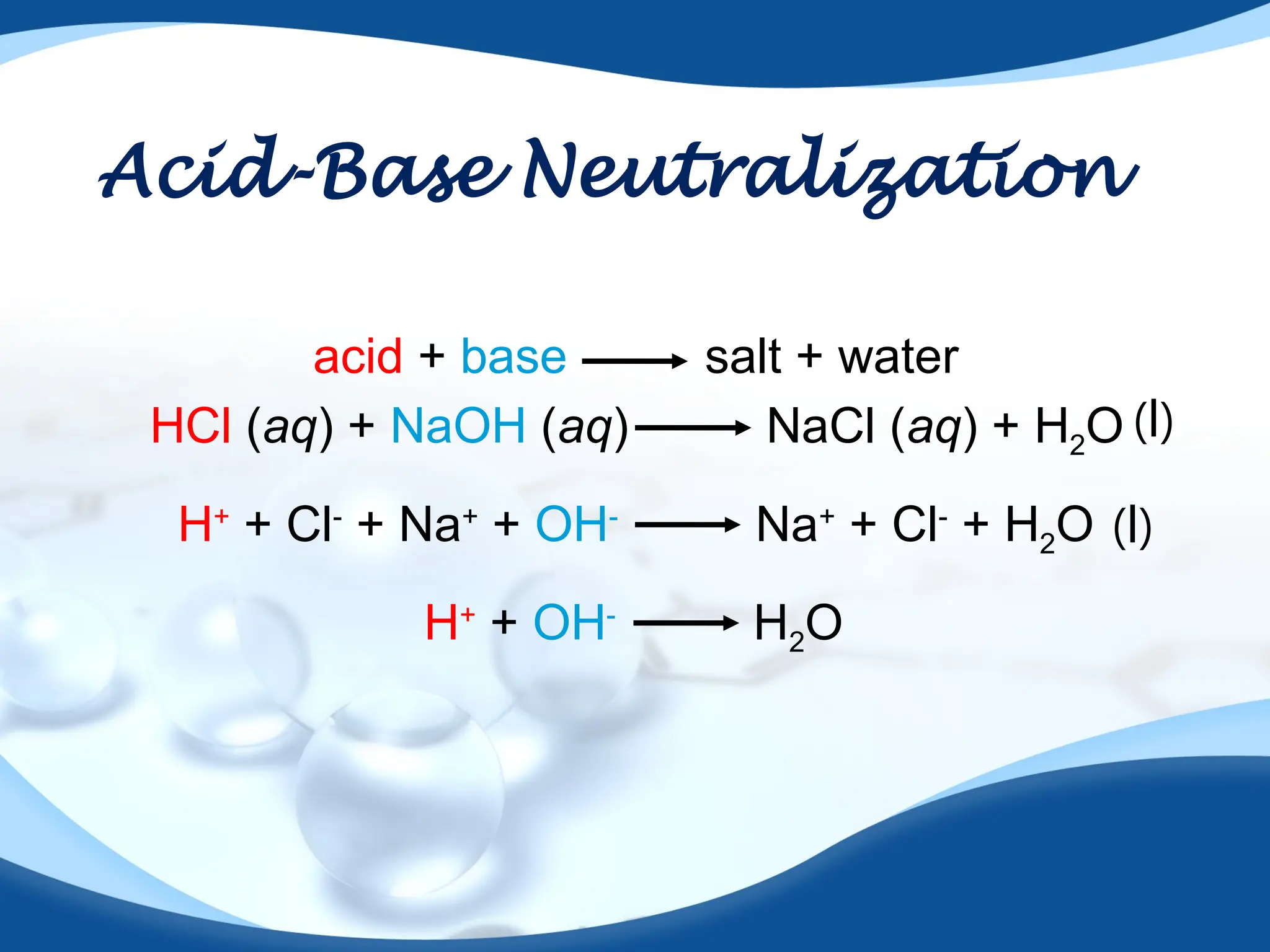 Acid-Base Neutralization
acid + base salt + water
HCl (aq) + NaOH (aq) NaCl (aq) + H2O
H+
+ Cl-
+ Na+
+ OH-
Na+
+ Cl-
+ H2O
H+
+ OH-
H2O
(l)
(l)
 