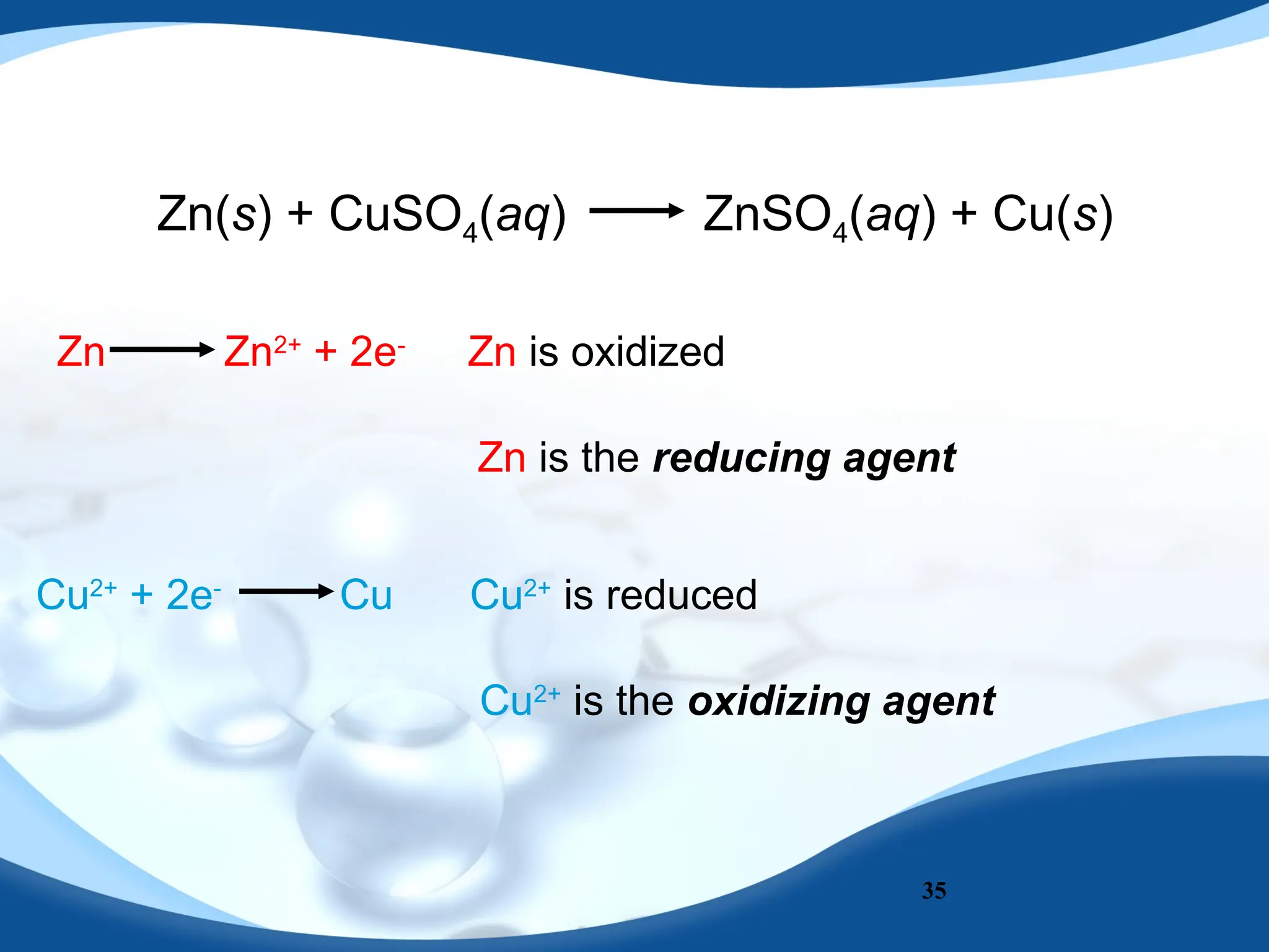 35
Zn(s) + CuSO4(aq) ZnSO4(aq) + Cu(s)
Zn is oxidized
Zn Zn2+
+ 2e-
Cu2+
is reduced
Cu2+
+ 2e-
Cu
Zn is the reducing agent
Cu2+
is the oxidizing agent
 
