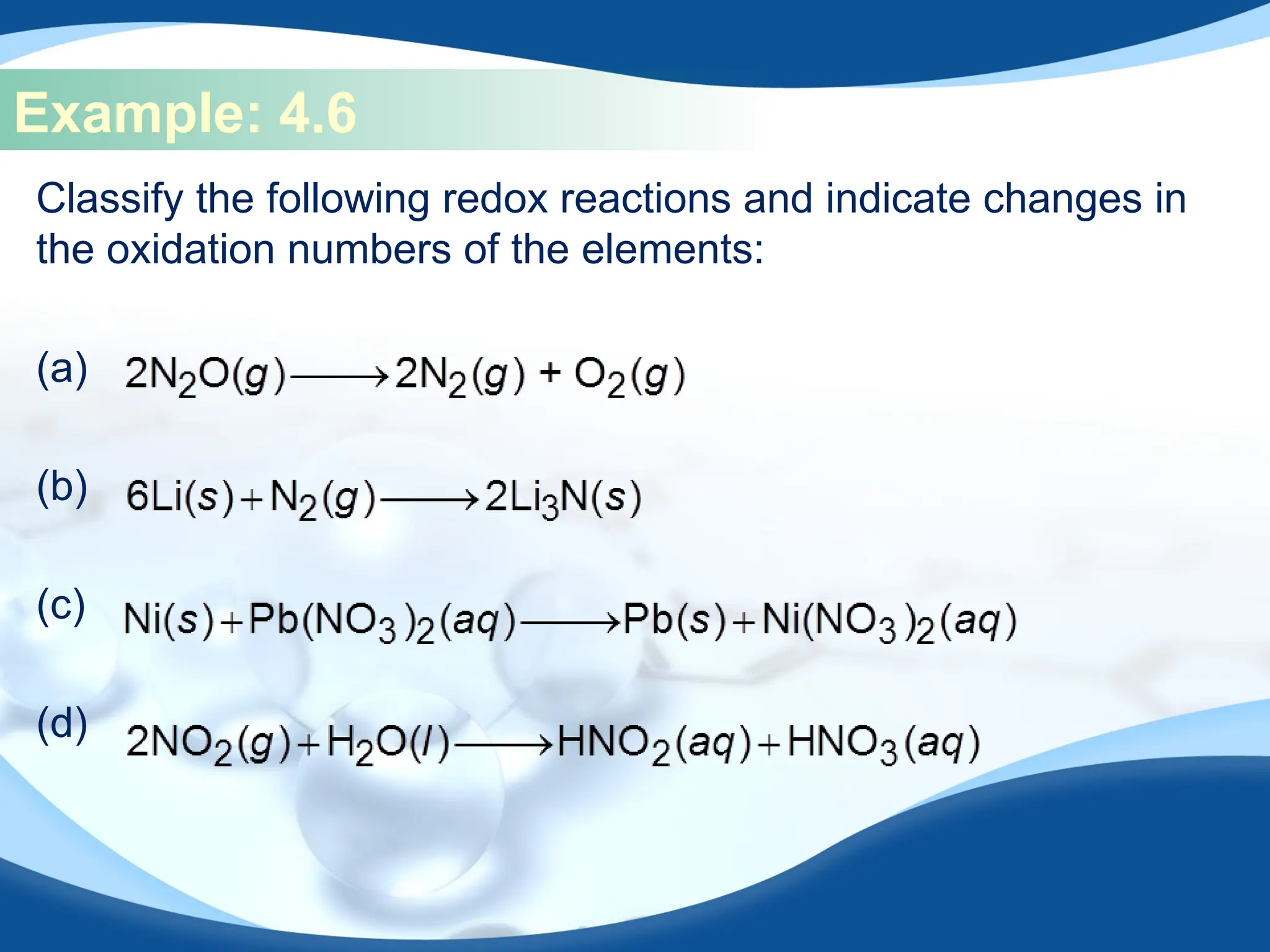 Example: 4.6
Classify the following redox reactions and indicate changes in
the oxidation numbers of the elements:
(a)
(b)
(c)
(d)
 