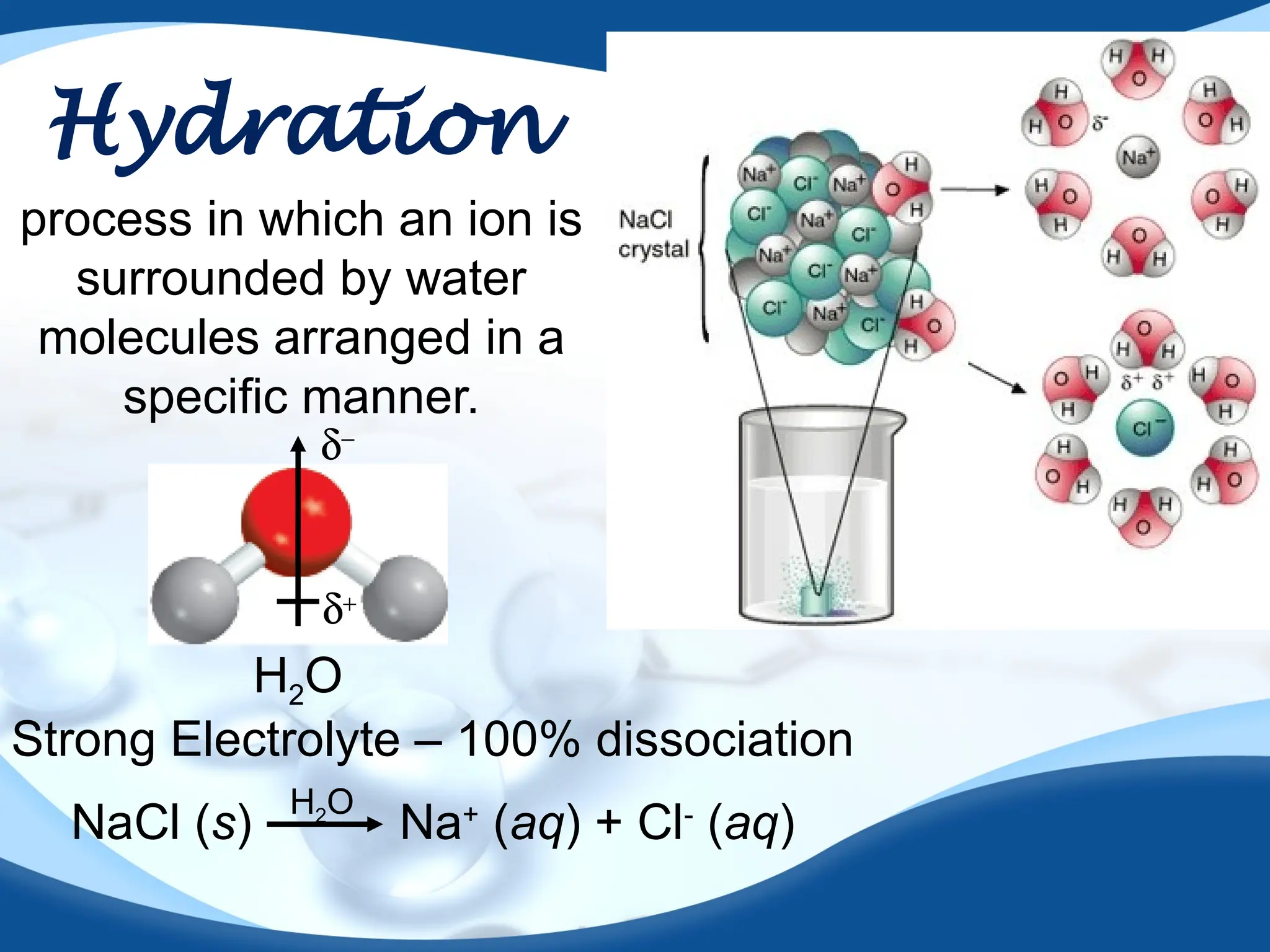Hydration
Strong Electrolyte – 100% dissociation
NaCl (s) Na+
(aq) + Cl-
(aq)
H2O
d+
d-
H2O
process in which an ion is
surrounded by water
molecules arranged in a
specific manner.
 