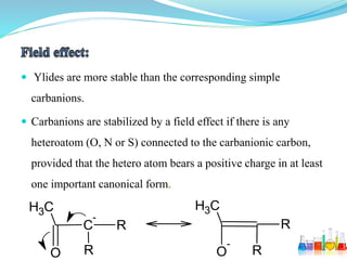  Ylides are more stable than the corresponding simple
carbanions.
 Carbanions are stabilized by a field effect if there is any
heteroatom (O, N or S) connected to the carbanionic carbon,
provided that the hetero atom bears a positive charge in at least
one important canonical form
O
C
-
R
R
CH3
O
-
R
R
CH3
 