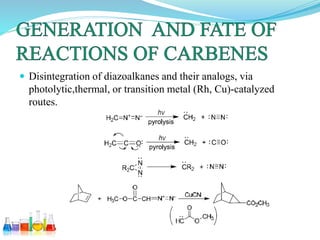  Disintegration of diazoalkanes and their analogs, via
photolytic,thermal, or transition metal (Rh, Cu)-catalyzed
routes.
 