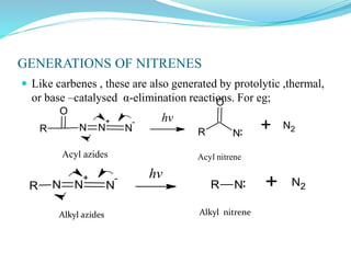 GENERATIONS OF NITRENES
 Like carbenes , these are also generated by protolytic ,thermal,
or base –catalysed α-elimination reactions. For eg;
R N N
+
N
-
O
hv
R N
O
+ N2
Acyl azides Acyl nitrene
R N N
+
N
- hv
R N + N2
Alkyl azides Alkyl nitrene
 