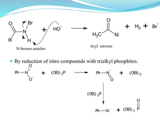  By reduction of nitro compounds with trialkyl phosphites.
R
N
Br
H
O
+ OH
-
CH3 N
O
+ H2 + Br
-
N-bromo amides
Acyl nitrene
Ph N
+
O
-
O
+ (OEt) 3P Ph N
O
+ (OEt) 2
O
PPh N
(OEt) 3P
+ (OEt) 3
 