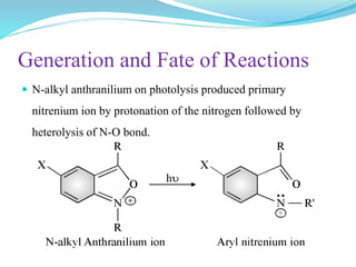 Generation and Fate of Reactions
 N-alkyl anthranilium on photolysis produced primary
nitrenium ion by protonation of the nitrogen followed by
heterolysis of N-O bond.
 