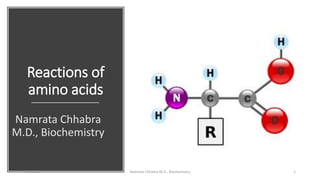 Reactions of
amino acids
Namrata Chhabra
M.D., Biochemistry
7/5/2012 Namrata Chhabra M.D., Biochemistry 1
 