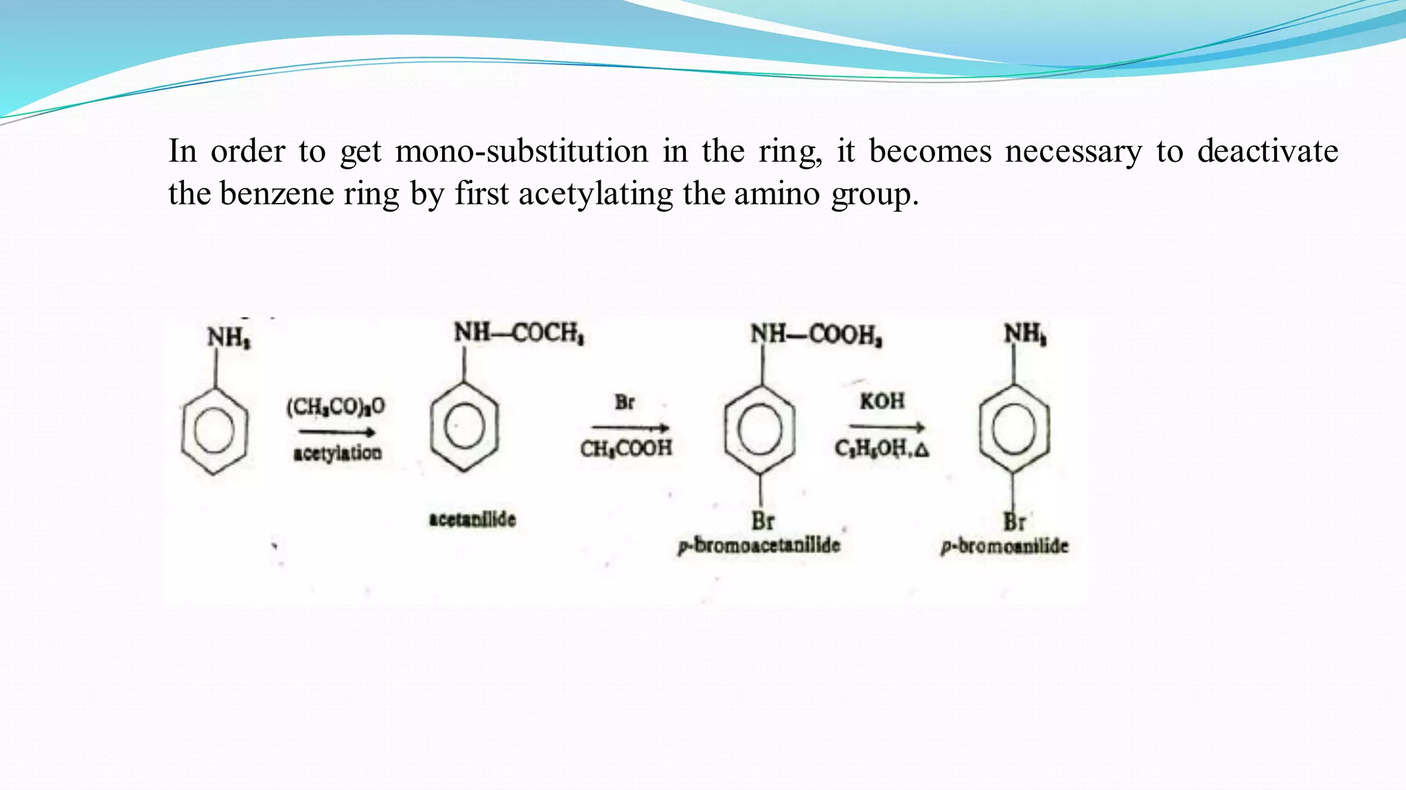 In order to get mono-substitution in the ring, it becomes necessary to deactivate
the benzene ring by first acetylating the amino group.
 