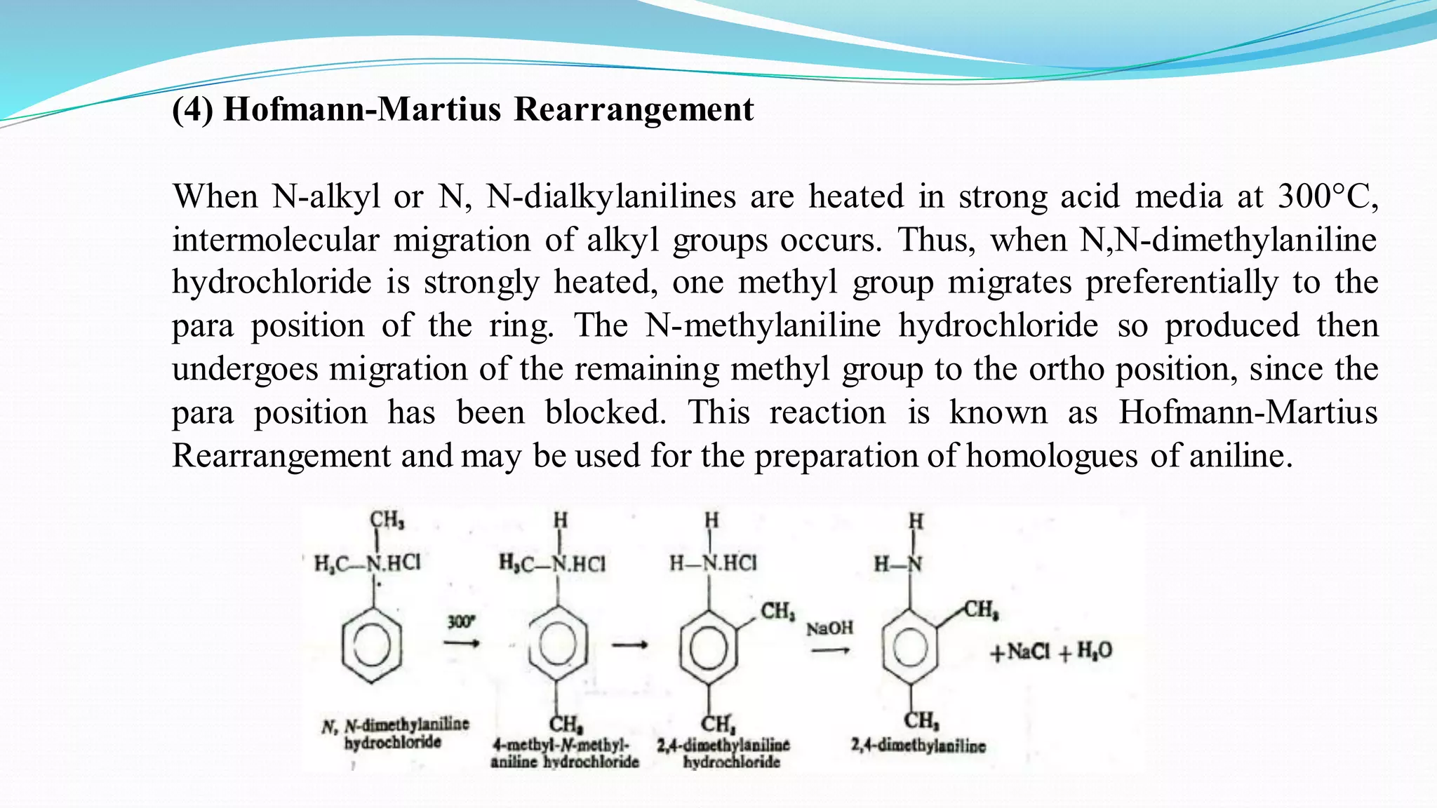(4) Hofmann-Martius Rearrangement
When N-alkyl or N, N-dialkylanilines are heated in strong acid media at 300°C,
intermolecular migration of alkyl groups occurs. Thus, when N,N-dimethylaniline
hydrochloride is strongly heated, one methyl group migrates preferentially to the
para position of the ring. The N-methylaniline hydrochloride so produced then
undergoes migration of the remaining methyl group to the ortho position, since the
para position has been blocked. This reaction is known as Hofmann-Martius
Rearrangement and may be used for the preparation of homologues of aniline.
 