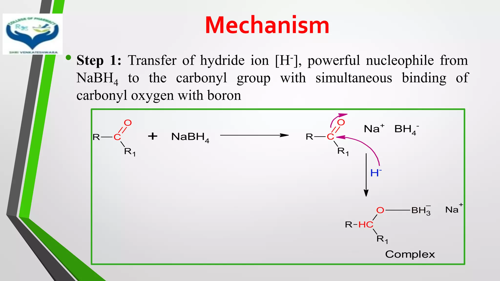 Mechanism
• Step 1: Transfer of hydride ion [H-], powerful nucleophile from
NaBH4 to the carbonyl group with simultaneous binding of
carbonyl oxygen with boron
R C
R1
O
+ NaBH4
R C
R1
O
Na+
BH4
-
H-
R C
H
R1
O BH3
–
Na
+
Complex
 