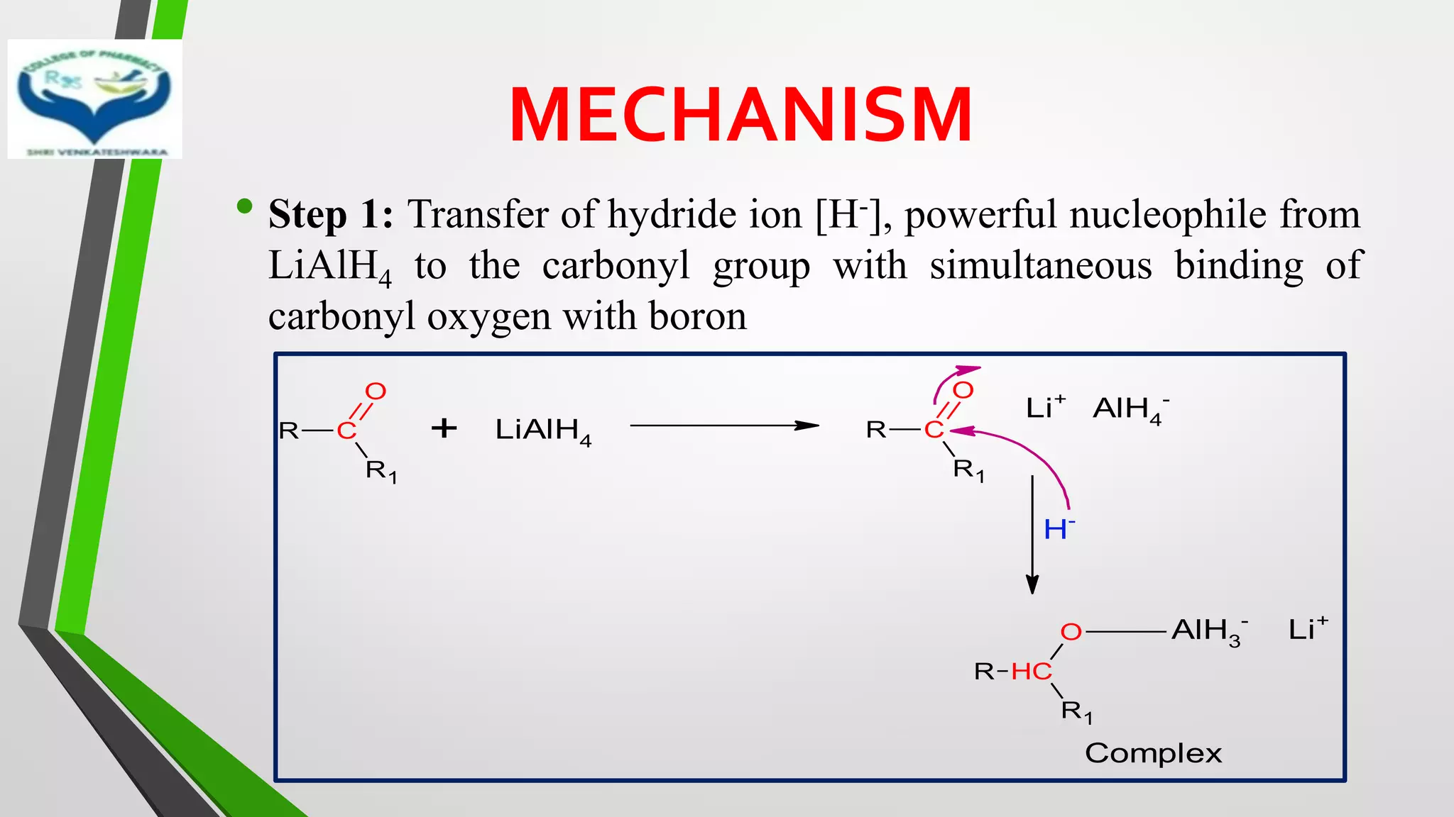MECHANISM
• Step 1: Transfer of hydride ion [H-], powerful nucleophile from
LiAlH4 to the carbonyl group with simultaneous binding of
carbonyl oxygen with boron
R C
R1
O
+ LiAlH4
R C
R1
O
Li+
AlH4
-
H-
R C
H
R1
O
Complex
AlH3
-
Li+
 