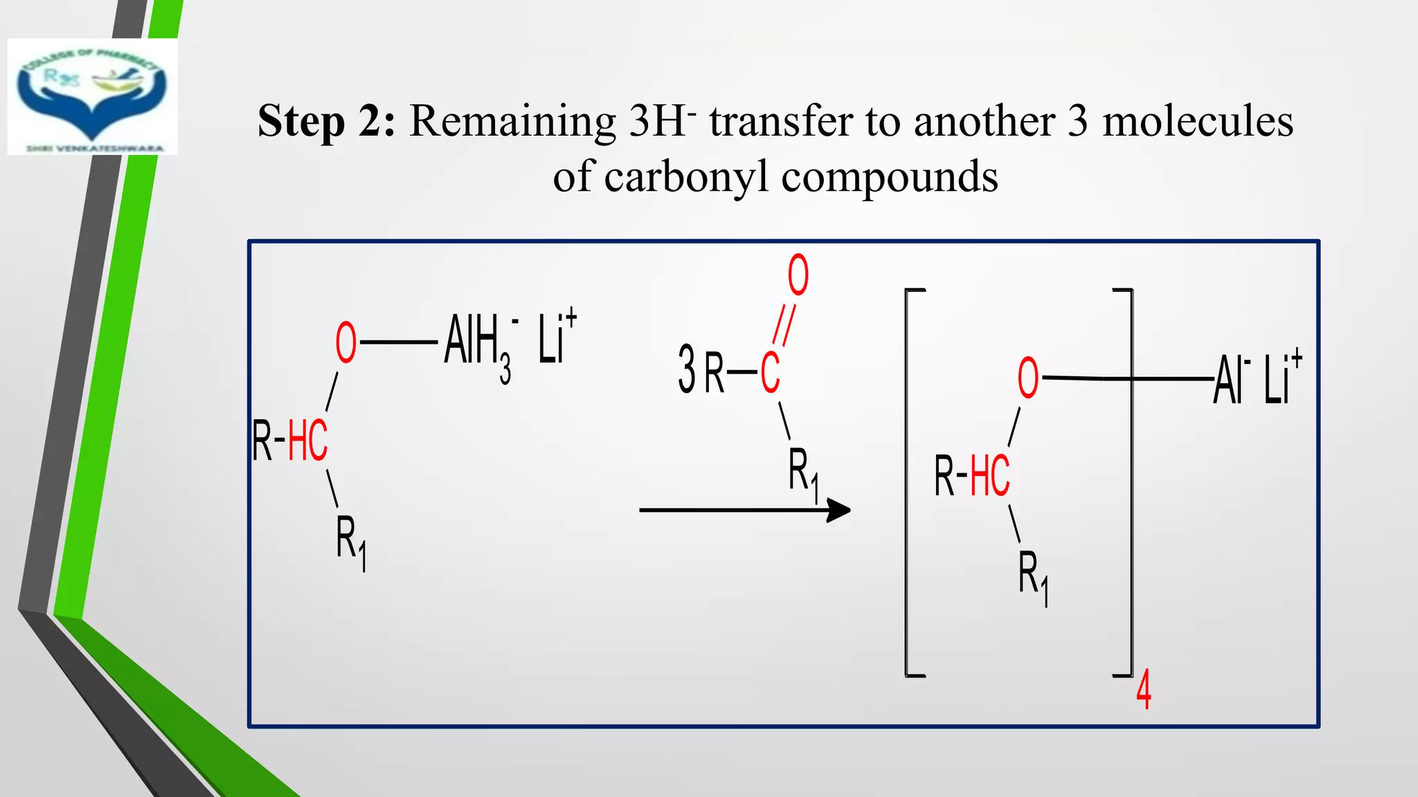 Step 2: Remaining 3H- transfer to another 3 molecules
of carbonyl compounds
R C
H
R1
O
R C
R1
O
3
R C
H
R1
O
4
Al-
Li+
AlH3
-
Li+
 
