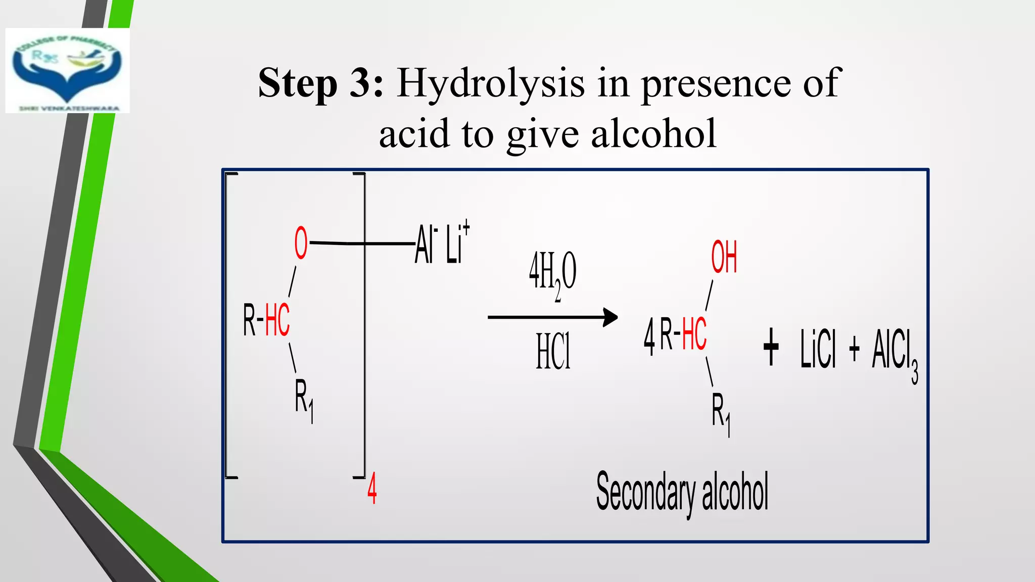 Step 3: Hydrolysis in presence of
acid to give alcohol
R C
H
R1
O
4
Al-
Li+
R C
H
R1
OH
4
Secondaryalcohol
+
4H2O
HCl LiCl + AlCl3
 