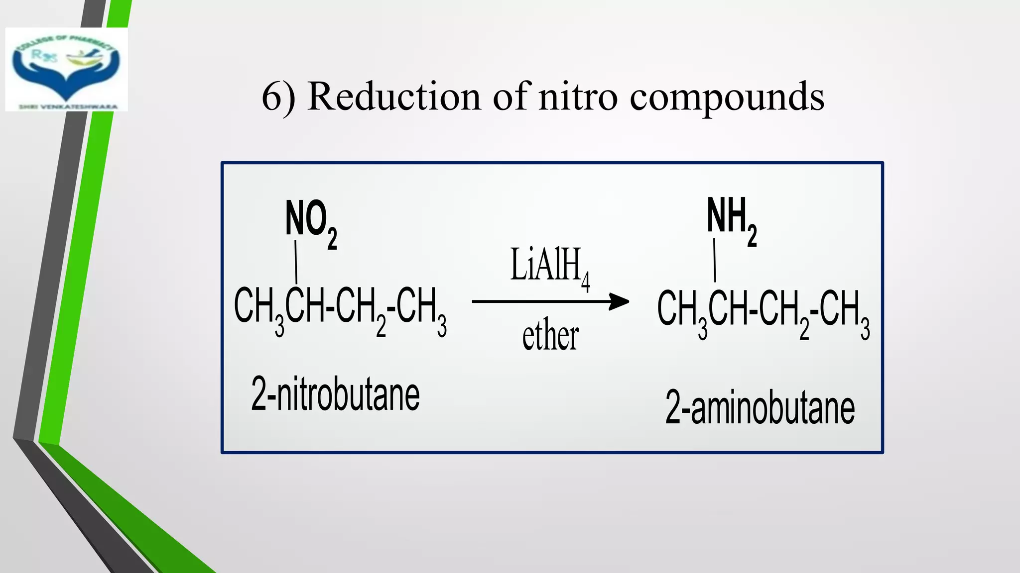 6) Reduction of nitro compounds
CH3CH-CH2-CH3
NO2
LiAlH4
ether
CH3CH-CH2-CH3
NH2
2-nitrobutane 2-aminobutane
 