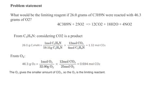Problem statement
What would be the limiting reagent if 26.0 grams of C3H9N were reacted with 46.3
grams of O2?
4C3H9N + 25O2 => 12CO2 + 18H2O + 4NO2
From C₃H₉N: considering CO2 is a product
From O₂:
The O₂ gives the smaller amount of CO₂, so the O₂ is the limiting reactant.
 
