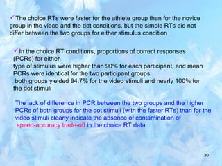 30
The choice RTs were faster for the athlete group than for the novice
group in the video and the dot conditions, but the simple RTs did not
differ between the two groups for either stimulus condition
In the choice RT conditions, proportions of correct responses
(PCRs) for either
type of stimulus were higher than 90% for each participant, and mean
PCRs were identical for the two participant groups:
both groups yielded 94.7% for the video stimuli and nearly 100% for
the dot stimuli
The lack of difference in PCR between the two groups and the higher
PCRs of both groups for the dot stimuli (with the faster RTs) than for the
video stimuli clearly indicate the absence of contamination of
speed-accuracy trade-off in the choice RT data.
 