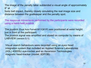 57
The image of the penalty taker subtended a visual angle of approximately
8° at
foot± ball impact, thereby closely simulating the real image size and
distance between the goalkeeper and the penalty spot.
The response movements performed by the participants were recorded
using a hand-held joystick.
The joystick (Dual Axis Farnell M11Q61P) was positioned at waist height
just in front of the participant.
The joystick signal was amplified and stored on computer by means of
LABVIEW (version 5.1).
Visual search behaviours were recorded using an eye± head
integration system that included an Applied Science Laboratories
(ASL) 4000SU eye-tracker and an Ascension Technologies
magnetic head-tracker (model: 6DFOB).
 