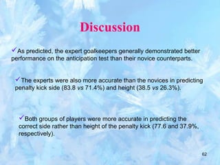62
Discussion
As predicted, the expert goalkeepers generally demonstrated better
performance on the anticipation test than their novice counterparts.
The experts were also more accurate than the novices in predicting
penalty kick side (83.8 vs 71.4%) and height (38.5 vs 26.3%).
Both groups of players were more accurate in predicting the
correct side rather than height of the penalty kick (77.6 and 37.9%,
respectively).
 