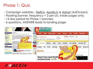 Phase 1: Quiz Campaign websites -  Delfi.lv ,  Apollo.lv  &  Adnet  (AdOcean); - Floating banner, frequency = 2 per UU, inside pages only; - 14 day period for Phase 1 banners; - 6 questions, ANSWER leads to landing page: 