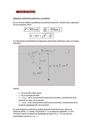 2. Factor de Potencia 
Diagrama vectorial de potencias y corrientes 
En un circuito trifásico equilibrado la potencia activa (P), reactiva (Q) y aparente 
(S) se expresan como: 
P = 3VI cosj Q = 3VIsen j 
S = 3VI = P2 + Q2 
A continuación presentamos el diagrama vectorial de potencias, para una carga 
inductiva: 
Donde, 
-  V , es la tensión fase-neutro 
-  I , es la corriente de fase 
-  I I cosj a = , es la componente activa de la corriente, componente de la 
corriente en fase con la tensión 
-  I Isenj r = , es la componente reactiva de la corriente, componente de la 
corriente desfasada 90° de la tensión. 
En este diagrama vectorial se puede apreciar claramente que, para una 
potencia activa ( P ) dada, la corriente ( I ) y la potencia aparente ( S ) son 
mínimas cuando el ángulo de desfasaje es igual a 0 (j = 0 ) o lo que es 
equivalente cuando el cosj =1. 
 