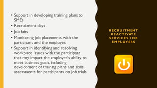 C O R E
R E AC T I VAT E
S E RV I C E S F O R
E M P L OY E R S
p rov i d e d by e a c h
c o n t a c t p o i n t
• Assistance in posting vacancies
• Finding qualified workers: matching,
screening, shortlisting
• Interview facilities
• Information on and referral to sources for
developing customized training programs
• Information on and referral to career
preparation activities
• Information about training incentives to
SMEs, such as on-the-job training programs
• Customer satisfaction follow-up and post
placement support
 