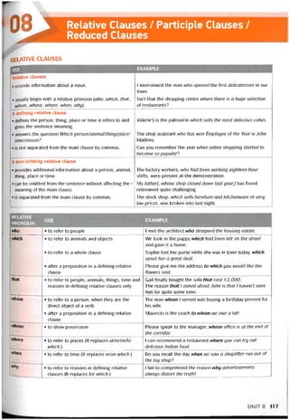 Relative Clauses / Participle Clauses /
Reduced Clauses
relative clauses
USE EXAMPLE
Relative clauses
• provide iníormatỉon about a noun.
• usually begin with a relative pronoun (who, which, that,
whom, whose, where, when, whyỴ
I intervievved the man who opened the tirst delicatessen in our
town.
Isn’t that the shopping centre vvhere there is a huge selection
of restaurants?
A deíining relative clause
• detines the person, thing, place or time it reíers to and
gives the sentence meaning.
• ansvvers the question Which person/animal/thing/place/
time/reason?.
• is not separated from the main clause by commas.
Valerie‘s is the patisserie vvhich sells the most delicious cakes.
The shop assistant who has won Employee oíthe Year is John
Matkins.
Can you remember the year when Online shopping started to
become so popular?
A non-defining relative clause
• provides additional intormation about a person, animal,
thing, place or time.
• can be omitted from the sentence vvithout affecting the7
meaning of the main clause.
• is separated from the main clause by commas.
The tactory vvorkers, who had been vvorking eighteen-hour
shiíts, were present at the demonstration.
My father(, whose shop closed down last year,) has tound
retirement quite challenging.
The stock shop, which sells turniture and kitchenware at very
low prices, was broken into last night.
RELATIVE
PRONOUN
USE EXAMPLE
who • to reter to people I met the architect who designed the housing estate.
vvhich • to reíer to animals and objects
• to reíer to a whole clause
• atter a preposition in a detining relative
clause
Ne took in the puppy which had been left on the Street
and gave it a home.
Sophie lost her purse vvhile she was in town today, which
upset her a great deal.
Please give me the address to which you would like the
flowers sent.
that • to reter to people, animals, things, time and
reasons in detining relative clauses only
Gail tinally bought the sofa that cost £2,000.
The reason that 1 asked aboutJohn is that 1 haven’t seen
him for quite some time.
Nhom • to reíer to a person, when they are the
direct object of a verb
• atter a preposition in a detining relative
clause
The man whom 1 served was buying a birthday present for
his wife.
Mauricio is the coach to whom we owe a lot
vvhose • to show possession Please speak to the manager, whose offìce is at the end of
the corridor.
Nhere • to reter to places (It replaces at/in/on/to
which.)
1 can recommend a restaurant vvhere you can try out
delicious Indian food.
when
—--- ---
• to refer to time (It replaces in/on which.) Do you recall the day when we saw a shoplitter run out of
the toy shop?
why
—'——
• to reter to reasons in detining relative
clauses (It replaces for which.}
1 fail to comprehend the reason why advertisements
always distort the truthị
UN1T8 117
 