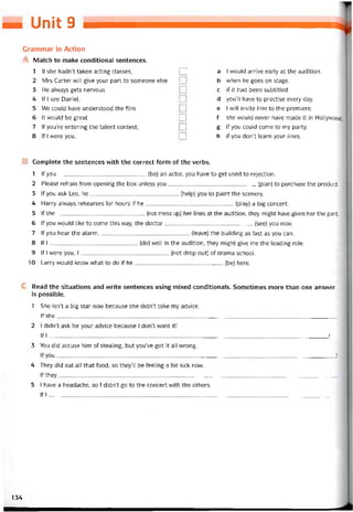M Unỉt B
Grammar in Action
Match to make conditional sentences.
1 lf she hadn’t taken acting classes,
2 Mrs Carter vvill give your part to someone else
3 He alvvays gets nervous
4 lf I see Daniel,
5 We could have understood the film
6 It vvould be great
7 lf you’re entering the talent contest,
8 !f I were you,
□ a I would arrive early at the audition.
b when he goes on stage.
c if it had been subtitled.
d you’ll have to practise every day.
e 1 vvill invite him to the premiere.
f she would never have made it in HollyvvoocỊ.
g if you could come to my party.
h if you don’t learn your lines.
B Complete the sentences vvith the correct form of the verbs.
1 lf you(be) an actor, you have to get used to rejection.
2 Please reírain from opening the box unless you(plan) to purchase the product.
3 íf you ask Leo, he(help) you to paint the scenery.
4 Harry always rehearses for hours if he(play) a big concert.
5 lf she(not mess up) her lines at the audition, they might have given her the part.
6 lf you would like to come this way, the docto.r________.___________________ (see) you novv.
7 lf you hear the alarm,(leave) the building as fast as you can.
8 lf I(do) well in the audition, they might give me the leading role.
9 lf I were you, I(not drop out) of drama school.
10 Larry vvould knovv vvhat to do if he(be) here.
Read the situations and write sentences using mixed conditionals. Sometimes more than one ansvver
is possible.
1 She isn’t a big star now because she didn’t take my advice.
If she ■
2 I didn’t ask for your advice because I don’t want it!
If I Ị
3 You did accuse him of stealing, but you’ve got it all vvrong.
If you!
4 They did eat all that food, so they’ll be íeeling a bít sick now.
If they________________________________________________________________________ ____ ____________
5 I have a headache, so [ didn’t go to the concert with the others.
If 1__________________________________________________________________________________________
134
 