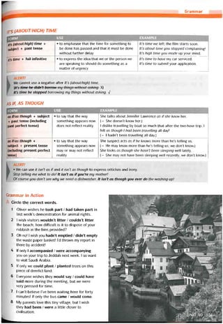 Grammar
IT’S (ABOUT/HIGH) TIME
fOrM USE_____________________________________ EXAMPLE
it’s (about/high) time +
suỳect + past tense
• to emphasise that the time for something to
be done has passed and that it must be done
vvithout turther delay
lt’s tìme we left; the film starts soon.
It’s about time you stopped complaining!
It’s high time you made up your mind.
it’s time + full intinitive • to express the idea that we or the person we
are speaking to should do something as a
matter of urgency
It's time to have my car serviced.
It’s time to submit your application.
k ALERT!
Ne cannot use a negative after lt’s (about/high) time.
- (/£s timehedidn’t borrow my things without asking. X)
lt’s tíme he stopped borroning my things vvithout asking. y/
ASIF, AS THOUGH
form use example
as if/as though + subject
+ past tense (including
past períect tense)
• to say that the way
something appears now
does not retlect reality
She talks about Jennifer Lavvrence as ifshe knew her.
(= She doesn’t know her.)
1 dislike travelling by boat so much that atter the two-hour trip, 1
felt as though I had been travelling all day!
(= 1 hadn’t been travelling all day.)
as if/as though +
subject + present tense
(including present períect
tense)
• to say that the way
something appears now
may or may not retlect
reality
The suspect acts as if he knows more than he’s telling us.
[= He may know more than he’s telling us; we don’t know.)
She looks as though she hasn’t been sleeping well lately.
(= She may not have been sleeping well recently; we don’t know.)
ALERT!
• Ne can use it ìsn’t as if and it isn’t as though to express criticism and irony.
Stop telling me what to do! It isn’t as ifyou’re my mother!
0f course you don’t see why we need a dishwasher. It isn’t as though you ever do the washing-upỊ
Grammar in Action
Circle thẹ correct vvords.
1 Oliver wishes he took part / had taken part in
last week’s demonstration for animal rights.
2 I wish visitors wouldn’t litter ỉ couldn’t litter
the beach; how difficult is it to dispose of your
rubbish in the bins provided?
3 Oh no! I wish you hadn’t emptied / didn’t empty
the waste paper basket! I’d throvvn my report in
there by accident!
4 lf only I accompanied / were accompanying
you on your trip to deddah next week. I so want
to visit Saudi Arabia.
5 lf only we could plant / planted trees on this
piece of derelict land.
6 Everyone vvishes they vvould say / could have
said more during the meeting, but we were
very pressed for time.
7 I can’t believe I’ve been vvaiting here for íorty
minutes! If only the bus came / vvould come.
8 My parents love this tiny village, but I wish
they had been / were a little closer to
civilisation.
 