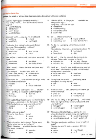 Grammar
IVlichigan in Action
Choose the vvord or phrase that best completes the conversation or sentence.
1 ‘Are you enjoying your course at university?’
‘Not really. I wish I__ such a difficult and tedious
degree!’
a weren’t choosing
b didn’t choose
c hadn’t chosen
d wouldn’t choose
2 I honestly wish I__ you, but l’m aíraid I can’t.
a could help b helped
c would help d had helped
3 Tm leaving for a medical conterence in Dubai
tomorrow. 1’11 see you when I get back.’
‘Oh, if only I__ with you!’
a would come b were Corning
c had come d came
4 Dad preters__ us to school; he’d sooner we cycled
there.
a not to drive b not driven
c didn’t drive d not having driven
5 ‘What’s vvrong? I cleared the table and threw away
the leítovers’.
‘1 just wish you__ so much tood, that’s all.’
a hadn’t been wasting b couldn’t waste
c wouldn’t waste d don’t waste
6 Katie vvishes she__ taller and then she might make
it onto the basketball team.
a vvould be b is
c were d vvould have been
7 l’d sooner hang my washing on a line__ a tumble
dryer - anything to reduce my carbon tootprint.
a to using b than use
c than using d used
3 ‘I just need to till up the dishvvasher and then l’m done.’
‘I wish you___ so reliant on the dishvvasher. Wash
the dishes by hand and save vvater and energy!’
a wouldn’t b weren’t
c didn’t d aren’t
5 ‘lsn’t it getting a bit late?’
‘Yes, you’re right. Time__ home.’
a to go b going
c to going d went
0 ‘Why don’t you join the local gym? Getting some
exercise will do you the world of good.’
‘Actually, |’d rather__ what little free time I have
Axing up my motorbike.’
a spent b spending
c to spend d spend
11 ‘Why did you act as though you___ lake when we
saw you last night?’
‘Long story, l can’t tell you now.’
a didn’t meet
b weren’t meeting
c wouldn’t have met
d hadn’t met
12 We__ a happy anniversary.
a vvished them b hoped for them
c vvished they had d hope them to have
1 3 ‘So did you enjoy going out to the cinema last
night?’
‘No, not really. I’d sooner__ at home and vvatched TV.’
a stayed b had stayed
c have stayed d stay
14 We wish__ that the gallery is due to close in ten
minutes. Please make your way to the exit.
a intormed you b you vvere intormed
c to intorm you d we had intormed you
15 I wish we__ there for your vvedding anniversary, but
it just wasn’t possible with my work commitments. I
hope you had a good time.
a could have been b have been
c could be d vvould be
16 I really hope the weather__ good today; we’ve
arranged a picnic by the lake.
a was b vvere
c is d would be
17 lf only the vvind__ a bit. otherwise, we’ll never get
these kites to fly!
a picks up b was picking up
c picked up d vvould pick up
18 Why are you acting as though nothing__ ? We came
home last night to find a house fulI of students and
very loud music!
a to happen b vvould happen
c vvere to happen d happened
19 Michael would rather Kate__ against the new
urban development project during last night’s rally.
a didn’t speak out b wouldn’t speak out
c weren’t speaking out d hadn’t spoken out
20 ‘Why have you bought a ditterent brand of tea from
usual?’
‘Why do you care? It isn’t__ you ever drink tea
anyvvay!’
a rather b even though
c time d as if
UN1T10 155
 