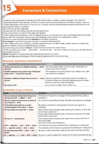Connectors & Conjunctions
Connectors and conjunctions are linking vvords that combine ideas in vvritten or spoken language. They clarity the
relationship betvveen words, phrases, sentences or clauses and can express things such as contrast, purpose, cause, etc.
• Some linking words, such as and, or, but, nor, for, so and yet, may be used to join words, phrases and clauses that are
grammatically similar in a sentence.
My T-shirts are all black and white.
Will you wear this short-sleeved shirt or that long-sleeved one?
I live on the top floor of a block offlats, yet I hate heights!
• other linking vvords and phrases, such as although, because, so, that and even if, join a subordinate cíause to the main
clause. When the subordinate clause comes at the beginning of the sentence, it is followed by a comma.
He lives in a small one-bedroomed flat although he can afford a big house.
Even though he can afford a big house, he lives in a small one-bedroomed flat.
• Other linking words, such as however, theretore and turthermore, can either modity a whole sentence or connect two
sentences together. They are usually followed by a comma.
She spent many years abroad. Honever, in later life she returned to her native France.
• Other structures such as both ... and, neither... nor and not only ... but also are made up of two parts, but they also link
two parallel structures.
Neither Sally nor her husband liked the people who had moved in next door.
Teresa not only enjoyed holidaying in Tenerite, but she also planned to live there One day.
PROVIDING ADDITIONAL INFORMATION
FORM EXAMPLE
• turthermore/moreoverlin additionlsímilarly + clause
(íormal)
The house wasn’t vvithin our price range. Furthermore, we
weren’t keen on the location.
• besideslanyvvaylin any case/on top of that/plusl
what’s more + clause (less íormal)
Our neighbours are great triends of ours. What’s more, their
son married our daughted.
• besides/in addition tolapart ữomlas well as + noun/
gerund
Besides his garden, he also takes pride in his vintage car.
As well as being One of the most expensive areas in London,
Chelsea is also One of the most popular.
• toolalsolas well Lucy is away at college. Peter is there, too.
EXPRESSING CAUSE & REASON
FORM
• since/as/becauselseeing that/seeing aslon
the grounds that + subject + verb
• because ofldue tolowing tolon account ofl
as a result of + noun
• solthereỉorelhencelthuslas a resultl
consequentlyltor this reason + clause
• for fear thatlin the hope that + clause
• for fear of + noun/gerund
• such + adjective + noun + that + clause
• so + adjective/adverb + that + clause
• so many/fewlmuch/little + noun + that +
clause
• so + adjective + a + noun + that + clause
EXAMPLE
The bank won’t agree to a mortgage on the grounds that my salary is
insutticient.
As a result of my insufficient salary, the bank won’t agree to a mortgage.
My salary is insutticient. Consequently, the banh won't agree to a
mortgage.
Harry alvvays ensures he gets to the cinema well in advance for fear that
he won’t get a good Seat.
Harry alvvays ensures he gets to the cinema well in advance in the hope
that he’ll get a good Seat.
Harry always ensures he gets to the airport well in advance forfear of
missing his ílight.
Kevin won’t fly for fear of turbulence.
This hotel has such good amenities that 1’11 detinitely be Corning back
The amenities at this hotel are so good that 1’11 detinitely be Corning backị
We have so little money that I doubt we’ll be able to purchase this fíat.
We have so small a budget that I doubt we’ll be able to purchase this flat.
UN1T 15 233
 