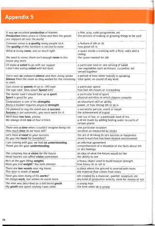 Appendix 5
It was an excellent production of Hamlet.
Production takes place in China and then the goods
are shipped all over the world.
a film, play, radio programme, etc
the process of making or grovving things to be sold
Common sense is a quality mang people lack.
The quality of this turniture is second to none.
a teature of sth or sb
how good sth is
What a lovely room, and so much light.
We need to move; there isn’t enough room in this
house any more.
a space inside a building vvith a tloor, vvalls and a
ceiling
the space needed for sth
Tll make a salad to go with our supper.
I don’t like eating salad with hot food.
a particular kind or One serving of salad
raw vegetables such as lettuce, cucumber, etc
served together
There was an awkward silence and then Jenny spoke.
Silence íilled the room as they 1/vaited for the ceremony
to start.
a period of time when nobody is speaking
total quiet, no sound of any kind
Cars travel at speeds of up to 100 mph.
The sign said: Slow down! Speed kills!
a particular speed
how fast sth moves or is travelling
The doctor said 1 should take up a sport.
Sport is good for you.
a particular kind of sport
physical activities in vvhich players compete
Compassion is one of his strengths.
Being a builder requires physical strength.
an important skill or abìlity
power, or how strong sth or sb is
Tm pleased to say the event was a success.
Success is not automatic; you must work for it.
a successtul person, event or result
the achievement of a goal
We’ll have two teas, please.
IVe always drink tea at four o’clock.
one cup of tea, or a particular kind of tea
a drink made by adding boiling water to parts of
certain plants
There was a time when 1 couldn’t imagine being old.
How much time do we have left?
one particular occasion
duration as measured by clocks
Let’s have a toast to your success.
Do you like toast for breaktast?
the act of drinking to sb’s success or happiness
sliced bread that has been heated and browned
1 am Corning with you; we had an understanding.
Thank you for your understanding.
an intormal agreement
comprehension of a situation or the facts about sth
or sb’s íeelings
The company has a Vision for the tuture.
Head injuries can attect Vision sometimes.
an idea of what the future would be like
the ability to see
He’s at the gym liỉting neights.
Have you lost neight? You look slimmer.
a heavy object used to build muscle strength
how heavy sb or sth is
There are two vvoods near my home.
This door is made of wood.
a place where the ground is covered vvith trees
the material that comes from trees
Have you seen many of his works?
He enjoys work, but mishes he earnt more.
sth created by a musician, painter, sculpture, etc
any kind of productive activity, done for money or not
The man was described as a tall blond youth.
My youth was spent nishing 1 was older.
a young man
the time when sb is young
54
 