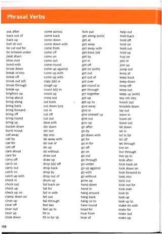 Phrasal Verbs
ask after come across fork out help out
back out of come back get along (with) hold back
back up come down get at hold off
bail sb out come down vvith get avvay hold on
be cut out for come from get away vvith hold out
be snovved under come off get back (at) hold up
beat down come on get by hop on
blow over come out get in join in
bond with come round get off join up
break down come up against get on (vvith) jump out
break in/into come up with get out keep at
break off come up with get out of keep back
break out (of) copy (sb) in get over keep down
break through cough up get round to keep off
break up count (sb) in get through keep out
brighten up count up get together keep up (with)
bring about cross out get up key sth into
bring along cut back Ị get up to knock out
bring back cut dovvn (on) give avvay knuckle down
bring forward cut in give in lay out
bring off cut off give oneselt up leave in
bring round cut out give out leave on
bring up deal with give up leave out
bucket down die down go atter let down
burst in/out die out go by let in
caII away dip into go down vvith let in fbr
call by do away with go for let off
call for do out of go in for let through
call off do up go off live on
care about do vvithout go on live through
care for dravv out go out live up to
carry off draw up go through look atter
carry on drop (sb) off go under look back on
carry out drop back go up against look down on
catch on drop by go vvith look forward to
catch up vvith drop out of go vvithout look into
check in drum up grow up look out
check out fall back on hand dovvn look out for
check up fall for hand in look over
check up on fall in with hang around look to
clamp down on fall out hang back look up
clean up fall through hang on to look up to
clear off feel like have round make do vvith
clear out feel up to head for make for
clear up fill in hear from make out
close down fill in for sb hear of make up
258
 