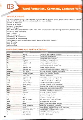 Word Formation / Commonly Coníused
PREFIXES & SUFFIXES
• A pretix is a group of letters that is added to the beginning of an adjective, verb or noun in order to change the meaning,
otten to make it negative. Common pretixes include: im-, in-, un- and dis-.
possible -> impossible
credible -> incredible
available -> unavailable
agree -ỳ disagree
• A suttix is also a group of letters, but it is added to the end of a word in order to change the meaning. Common suttixes
include: -ify, -ment, -ist and -ian.
sign -> signiíy
enjoy enjoyment
philanthropy -ỳ philanthropist
mathematics -> mathematician
• There are otten other spelling changes, usually when a suttix is added to a word.
clear -ỳ clarify
long -> length
Vision -à visual
COMMON PREFIXES USED TO CHANGE MEAN1NG
1 PREFIX MEANING EXAMPLES
anti- against antisocial, anti-smoking, antifreeze
auto- self autograph, autobiography
bi- two bilingual, biannual, bicycle
co- together co-worker, co-exist, co-owner
dis- opposite, not disappear, disloyal, distrust
ex- tormer ex-wife, ex-president, ex-boyfriend
il- opposite, not illegal, illogical, illegible
in-/im- opposite, not inottensive, insincerity, immature, impatience
en-/in-/im- into, inside enclose, incoming, inbound, immigration
inter- among, betvveen interaction, intersect, intercity
intra- within, into intranet, intravenous
ir- opposite, not irreversible, irrational, irreplaceable
mega- big, colossal megaphone, megastar, megastore
mini- smaller, shorter mini-pizza, mini-cruise, miniskirt
mis- badly, wrongly mishear, misunderstand, mismanage
mono- single monochrome, monolingual, monogamy
multi- many multi-storey, multitask, multinational
non- vvithout nonsense, non-smoking, noncritical
over- in excess overeat, overthink, overload
pre- betore predetermine, premature
re- again reheat, renevv, rephrase
self- to or for oneseỉt self-catering, self-made, self-taught
semi- half semi-detached, semi-circle
sub- belovv subterranean, subheading, subzero
super- above, more than superglue, supermodel, supersized
trans- across trans-atlantic, transport, transaction, transcribe
under- interior, too little underachieve, underline, underpertorm
un- opposite, not unrivalled, unmoved, unopened
un- reverse action untold, unpack, undo
36
 