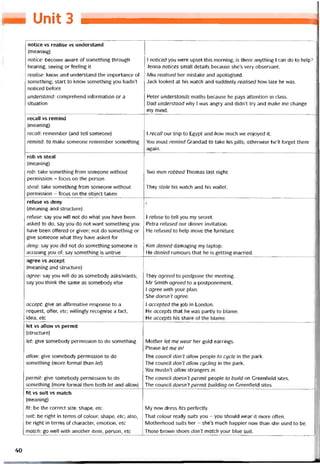 Unit 3
notice vs realise vs understand
(meaning)
notice: become aware of something through
hearing, seeing or íeeling it
realise: know and understand the importance of
something; start to knovv something you hadn’t
noticed beíore
understand: comprehend intormation or a
situation
1 noticed you were upset this morning; is there anything 1 can do to help?
Jenna notices small details because she’s very observant.
Mía realised her mistake and apologised.
Jack looked at his watch and suddenly realised how late he was.
Peter understands maths because he pays attention in class.
Dad understood why 1 was angry and didn’t try and make me change
my mind.
recall vs remind
(meaning)
recall: remember (and tell someone)
remind: to make someone remember something
1 recall our trip to Egypt and how much we enjoyed it.
You must remind Grandad to take his pills; otherwise he’ll íorget them
again.
rob vs steal
(meaning)
rob: take something from someone without
permission - tocus on the person
steal: take something from someone vvithout
permission - tocus on the object taken
Two men robbed Thomas last night
They stole his watch and his vvallet.
reíuse vs deny
(meaning and structure)
reíuse: say you will not do what you have been
asked to do; say you do not want something you
have been oítered or given; not do something or
give someone what they have asked for
deny: say you did not do something someone is
accusing you of; say something is untrue
■ĩ
1 refuse to tell you my secret.
Petra refused our dinner invitation.
He refused to help move the turniture.
Kim denied damaging my laptop.
He denied rumours that he is getting married.
agree vs accept
(meaning and structure)
agree: say you will do as somebody asks/wants;
say you think the same as somebody else
accept: give an athrmative response to a
request, offer, etc; vvillingly recognise a fact,
idea, etc
They agreed to postpone the meeting.
Mr Smith agreed to a postponement.
1 agree with your plan.
She doesn’t agree.
1 accepted the job in London.
He accepts that he was partly to blame.
He accepts his share of the blame.
let vs allovv vs permit
(structure)
let: give somebody permission to do something
allow: give somebody permission to do
something (more íormal than let)
permit: give somebody permission to do
something (more tormal then both let and allovv)
Mother let me wear her gold earrings.
Please let me in!
The council don’t allow people to cycle in the park.
The council don’t allow cycling in the park.
You mustn’t allow strangers in.
The council doesn't permit people to build on Creentield sites.
The council doesn’t permit building on Greentield sites.
fit vs suit vs match
(meaning)
fit: be the correct size, shape, etc
suit: be right in terms of colour, shape, etc; also,
be right in terms of character, emotion, etc
match: go well with another item, person, etc
My new dress fits períectly.
That colour really suits you - you should vvear it more otten.
Motherhood suits her - she’s much happier now than she used to be.
Those brown shoes don't match your blue suit.
40
 