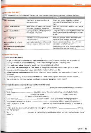 Grammar
FUTURE in the PAST
can use various structures to express the idea that in the past we thought something vvould happen in the íuture.
form USE EXAMPLE
• past continuous tixed tuture arrangements from a
past perspective
Robert was visiting his godparents that
evening and had bought a gift of flowers for
them.
• ívoulcl + bare intinitive predicted tuture events that actually
happened from a past perspective
Keith said it would be a tantastic party and he
wasn’t wrong.
• would + bare intinitive tuture predictions, offers or promises
from a past perspective
George decided he would try harder, and in the
following months he devoted long hours to his
studies.
• was/were going to untultilled tuture intentions from a
past perspective
Helen was going to tell me the name of her
contact, but she changed her mind.
• was/were about to + bare
iníinitive
• was/were on the verge/brínk of
+ gerund
tuture actions that almost happened,
but were stopped at the last minute
Claudia was about to take a bite, when she
realised the cake had nuts in it!
Claudia VMS on the verge ottaking a bite, when
she realised the cake had nuts in it!
Grammar in Action
Circle the correct words.
1 By the time Elisabeth remembered / had remembered to turn off the oven, the food had already burnt!
2 Nobody noticed that Jane wasn’t íeeling / hadn’t been teeling happy for a very long time.
3 Peter took / was taking the dog for a walk every morning betore breaktast.
4 The vvaitress was on the verge of / was about to taking the order when the customers got up to leave.
5 Jacob promised he was going / would look into the matter, but he never did.
6 We were having / used to have a strict dress code at my school; jewellery and make-up for girls were strictly
prohibited.
7 At midday yesterday, my classmates and I had had / were having a picnic in the park with our teacher.
8 Was yesterday the first time you had ever been / were ever going to a cricket match?
Complete the sentences vvith the correct form of the verbs.
1 you ever(taste) Japanese cuisine betore you visited the
country?
2 While Katya(study) the menu, the waiter was waiting patiently by her table.
3 Marcia(pick up) the phone,(order) a pizza and
.______________________ (sít down) to tinish her homevvork.
4 Good morning. I(vvonder) vvhether I could speak to the managing director?
5 When we were younger, my brother(constantly hide) my toys just to upset me!
6 She’s a vegetarian so she(not eat) any of the snacks because they all had meat in
them.
1 I didn’t go to the cinema with Jane because, although it’s a tantastic film, I(already
see) Worlds Apart.
8 We(prepare) all the food for the vvedding ourselves, but in the end we hired a firm of
caterer’s.
UNIT 5 75
 