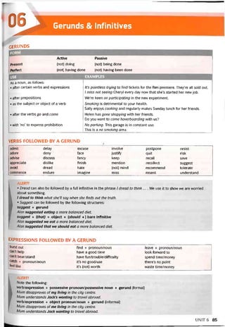 Gerunds & lnfinitives
CERUNDS
form
Active Passive
Present (not) doing (not) being done
Pertect (not) having done (not) having been done
USE ________________________________ EXAMPLES
As a noun, as follows:
• atter certain verbs and expressions
• atter prepositions
• as the subject or object of a verb
• atter the verbs go and come
• vvith ‘no’ to express prohibition
lt’s pointless trying to find tickets for the film premiere. They’re all sold out.
1 miss not seeing Cheryl every day now that she’s started her new job.
We’re keen on participating in the new experiment.
Smoking is detrimental to your health.
Sally enjoys cooking and regularly makes Sunday lunch for her triends.
Helen has gone shopping vvith her triends.
Do you want to come hoverboarding with us?
No parking. This garage is in constant use.
This is a no smoking area.
VERBS FOLLOWED BY A GERUND
admit delay excuse involve postpone resist
adore deny face justify quit risk
advise discuss íancy keep recall save
appreciate dislike tinish mention recollect suggest
avoid dread hate (not) mind recommend tolerate
commence endure imagine miss resent understand
I
ALERT!
• Dread can also be followed by a full intinitive in the phrase / dread to thinh ... . We use it to show we are vvorried
about something.
I dread to think what she’ll say when she tinds out the truth.
• Suggest can be followed by the íollovving structures:
suggest + gerund
Alan suggested eating a more balanced diet.
suggest + (that) + object + (should +) bare iníinitive
Alan suggested we eat a more balanced diet.
Alan suggested that we should eat a more balanced diet.
expressions followed by a gerund
burst out find + pronoun/noun leave + pronoun/noun
can’t help have a good time look forward to
can’t bear/stand have fun/trouble/difficulty spend time/money
catch + pronoun/noun it’s no good/use there’s no point
íeel like ỉt’s (not) worth waste time/money
ALERT!
Note the following:
verb/expression + possessive pronoun/possessive noun + gerund (íormal)
Mum disapproves ofmy living in the City centre.
Mum understands Jack’s wanting to travel abroad.
verb/expression + object pronoun/noun + gerund (intormal)
Murn disapproves ofme living in the City centre.
Mum understands Jack ivanting to travel abroad.
UNIT6 85
 