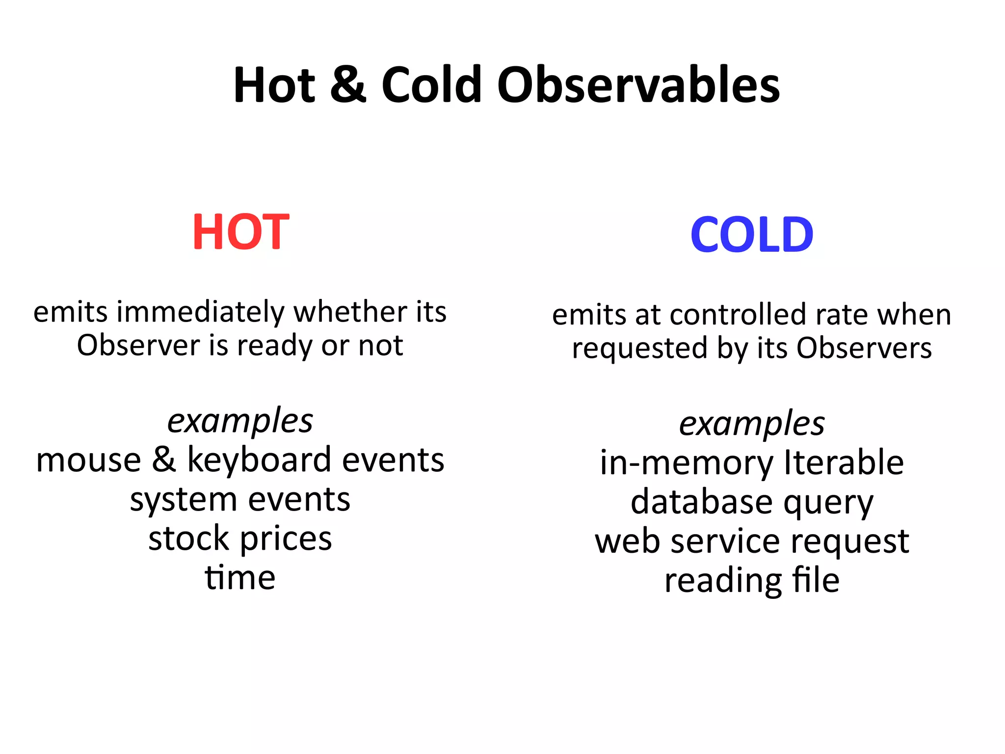 Hot & Cold Observables
HOT
emits immediately whether its
Observer is ready or not
examples
mouse & keyboard events
system events
stock prices
time
COLD
emits at controlled rate when
requested by its Observers
examples
in-memory Iterable
database query
web service request
reading file
 