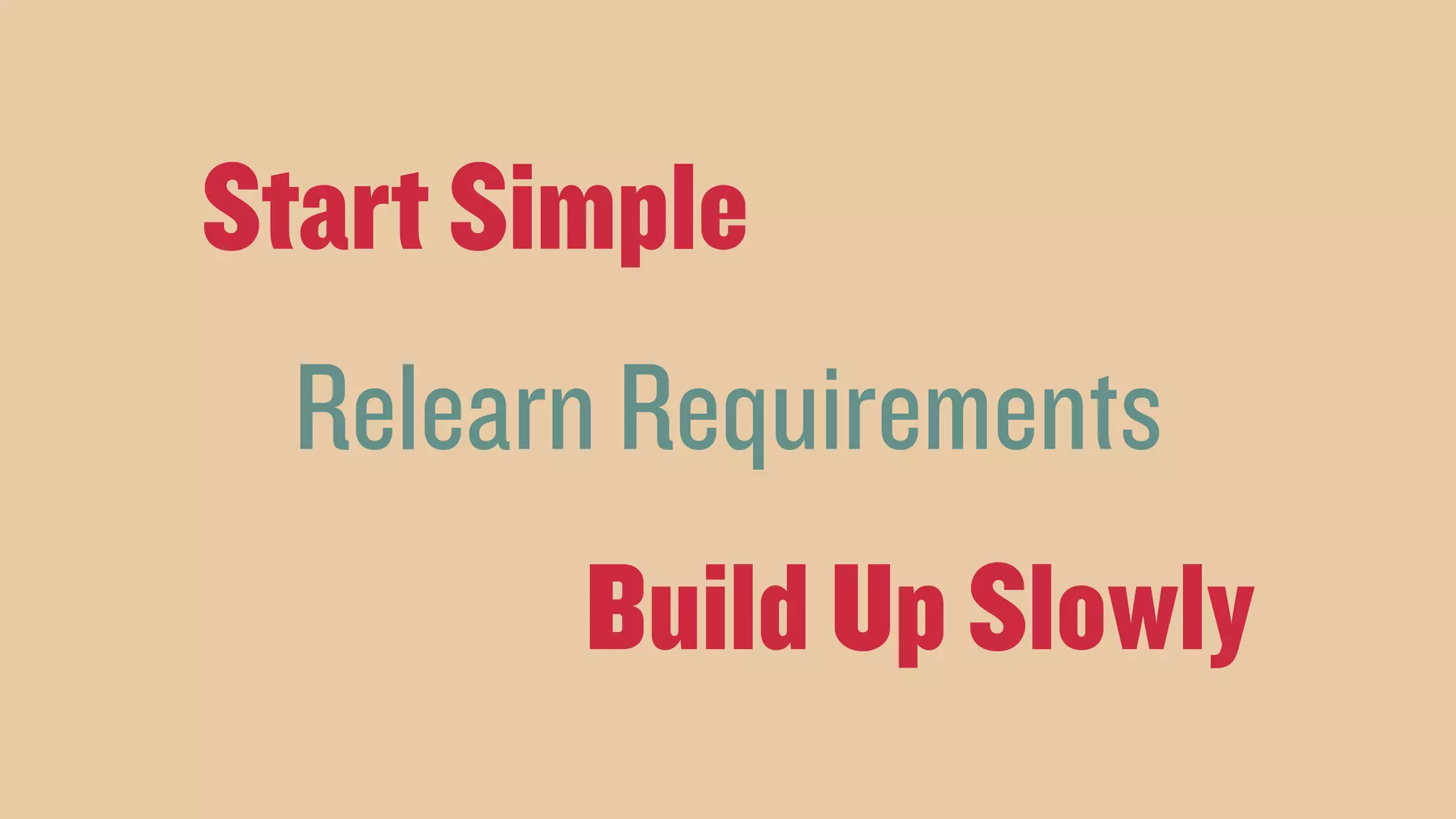 Start Simple
Relearn Requirements
Build Up Slowly
 