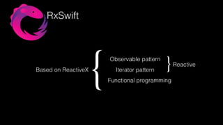 RxSwift
Based on ReactiveX
Observable pattern
Iterator pattern
}Functional programming
}Reactive
 