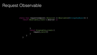 static func request(endpoint: Resource) -> Observable<[String:AnyObject]> {
return Observable.create { observer in
}
return Disposables.create {
request.cancel()
}
}
}
Request Observable
 