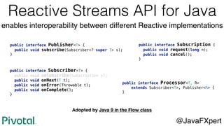 public interface Subscriber<T> {
public void onSubscribe(Subscription s);
public void onNext(T t);
public void onError(Throwable t);
public void onComplete();
}
public interface Subscriber<T> {
public void onSubscribe(Subscription s);
public void onNext(T t);
public void onError(Throwable t);
public void onComplete();
}
Reactive Streams API for Java
@JavaFXpert
enables interoperability between different Reactive implementations
public interface Publisher<T> {
public void subscribe(Subscriber<? super T> s);
}
public interface Subscription {
public void request(long n);
public void cancel();
}
public interface Processor<T, R>
extends Subscriber<T>, Publisher<R> {
}
Adopted by Java 9 in the Flow class
 