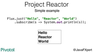 Flux.just("Hello", "Reactor", "World")
.subscribe(s -> System.out.println(s));
@JavaFXpert
Hello
Reactor
World
Project Reactor
Simple example
 